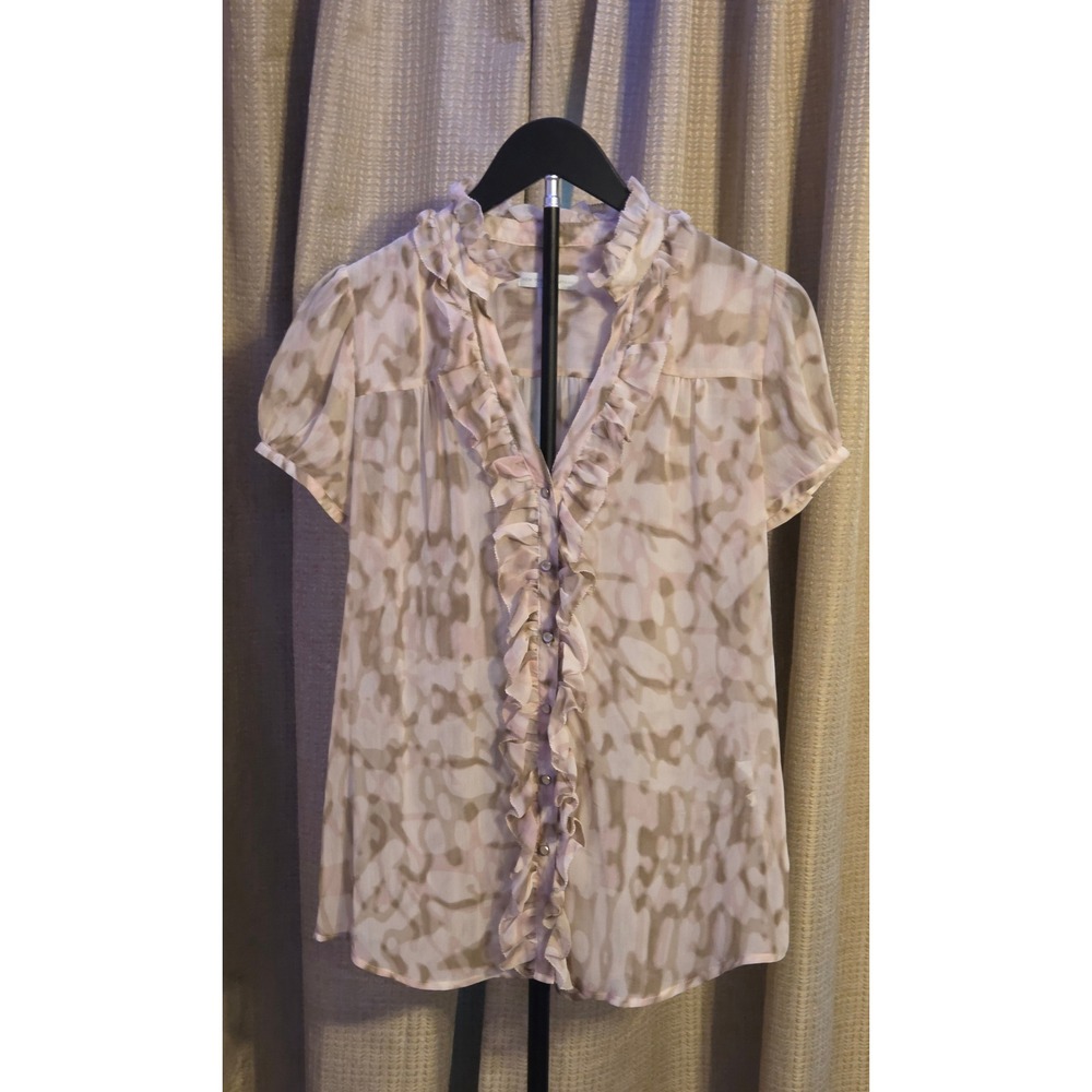 New York & Company Abstract Pattern Ruffle Button Up Sheer Blouse Womens Size M